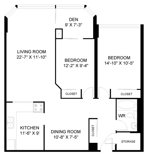 Floor plan for 2 beds, 1 bath, 1104 sqft
